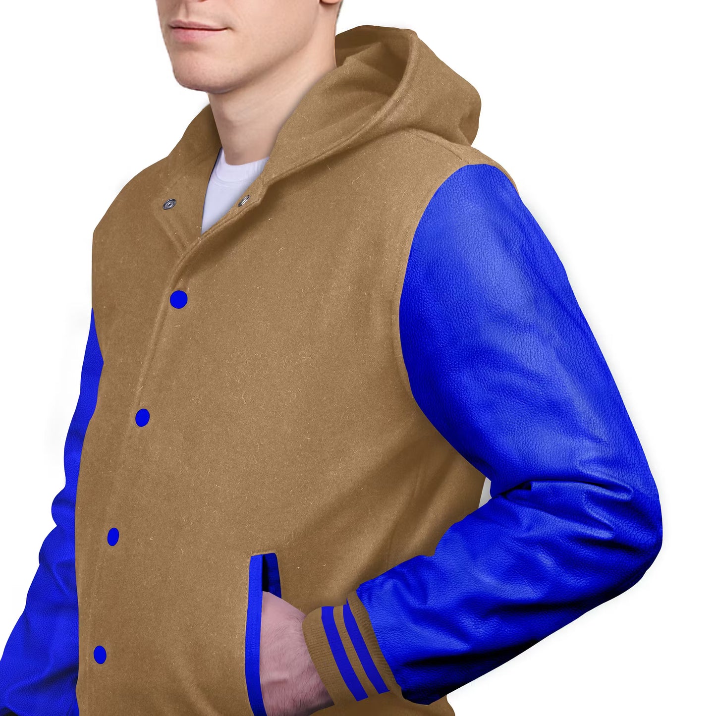 Royal Blue-Leather Sleeves & Wool Body (Hoodie)