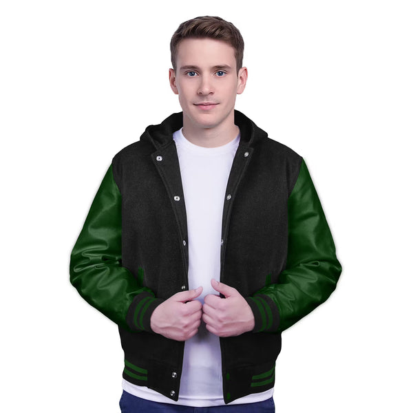 Forest Green-Leather Sleeves & Wool Body (Hoodie)