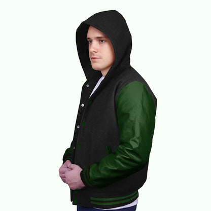 Forest Green-Leather Sleeves & Wool Body (Hoodie)