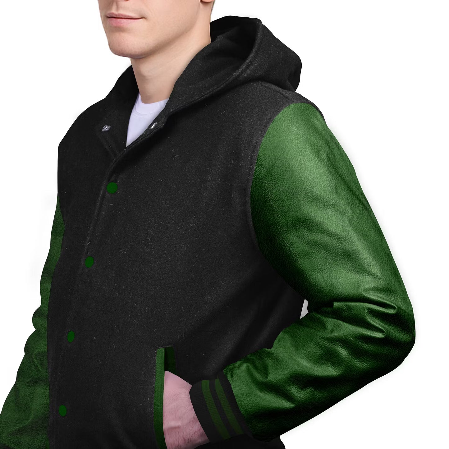 Forest Green-Leather Sleeves & Wool Body (Hoodie)