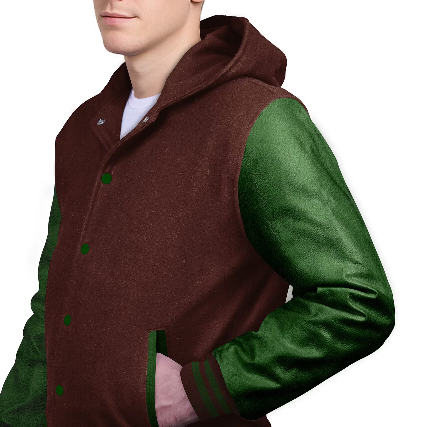 Forest Green-Leather Sleeves & Wool Body (Hoodie)