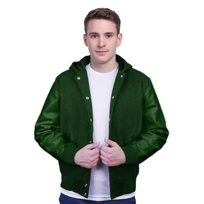 Forest Green-Leather Sleeves & Wool Body (Hoodie)