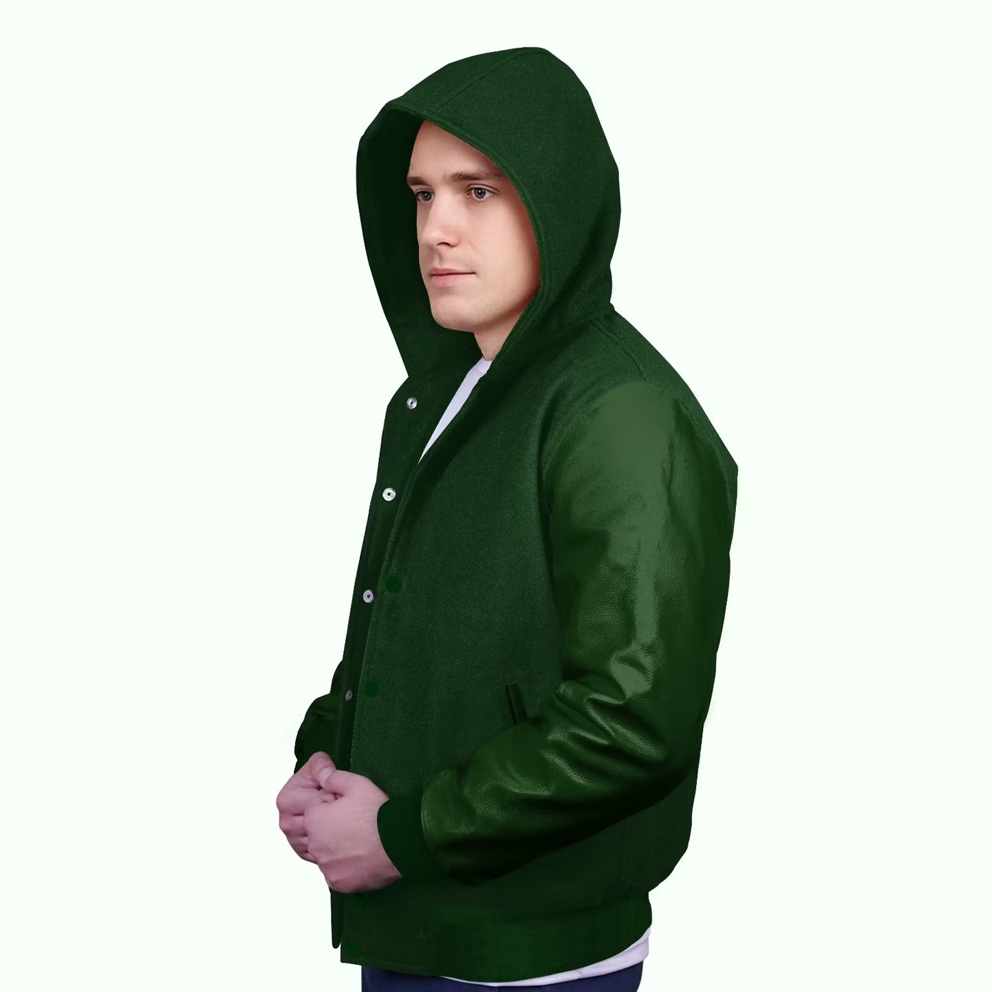 Forest Green-Leather Sleeves & Wool Body (Hoodie)