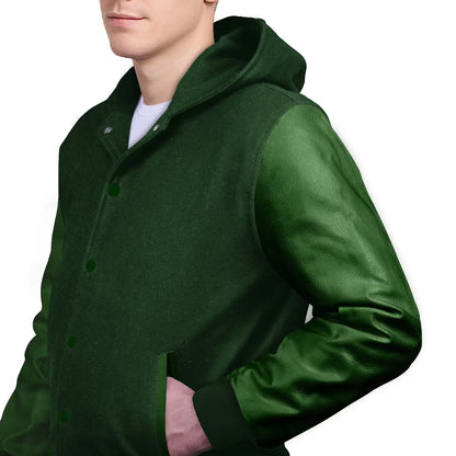 Forest Green-Leather Sleeves & Wool Body (Hoodie)