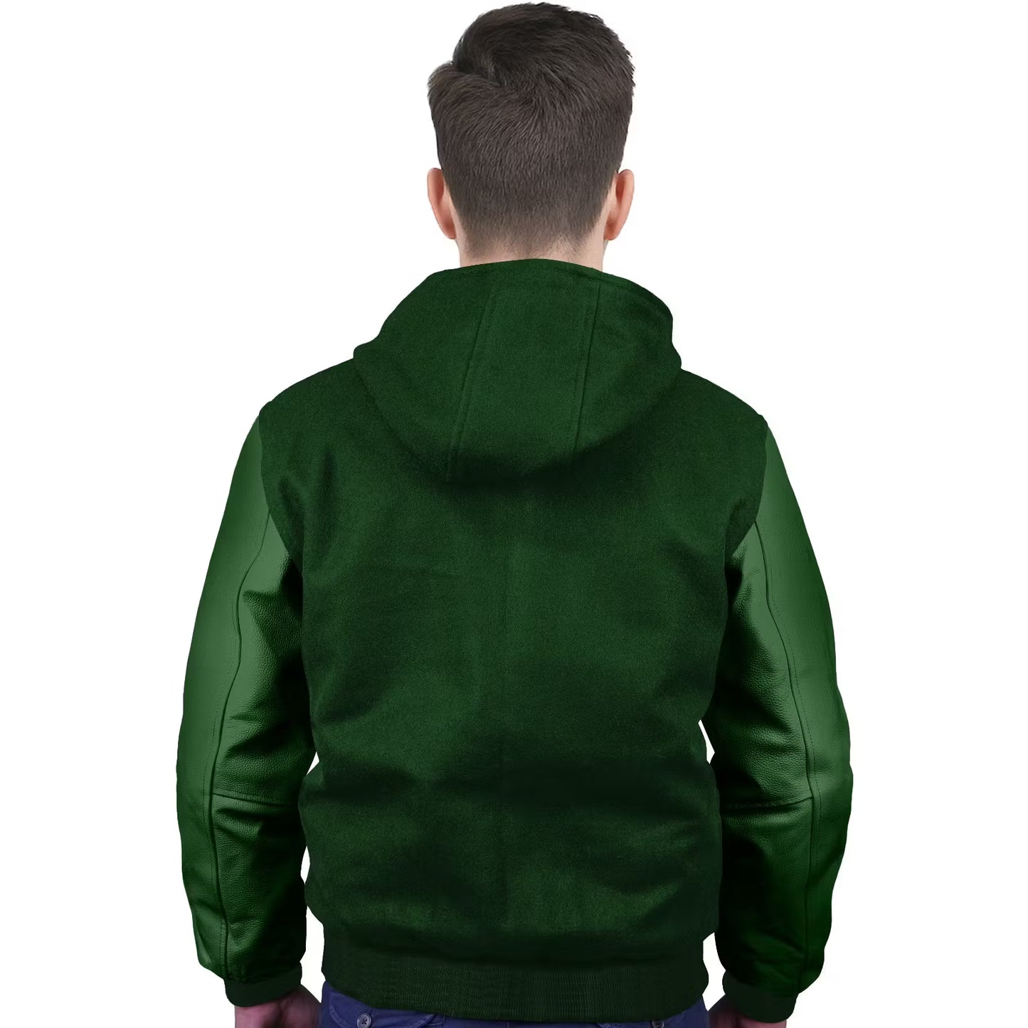 Forest Green-Leather Sleeves & Wool Body (Hoodie)