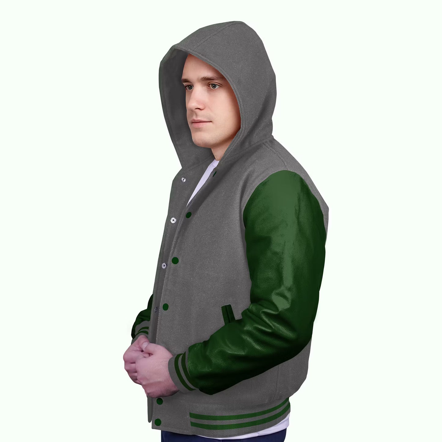 Forest Green-Leather Sleeves & Wool Body (Hoodie)