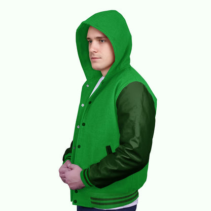 Forest Green-Leather Sleeves & Wool Body (Hoodie)