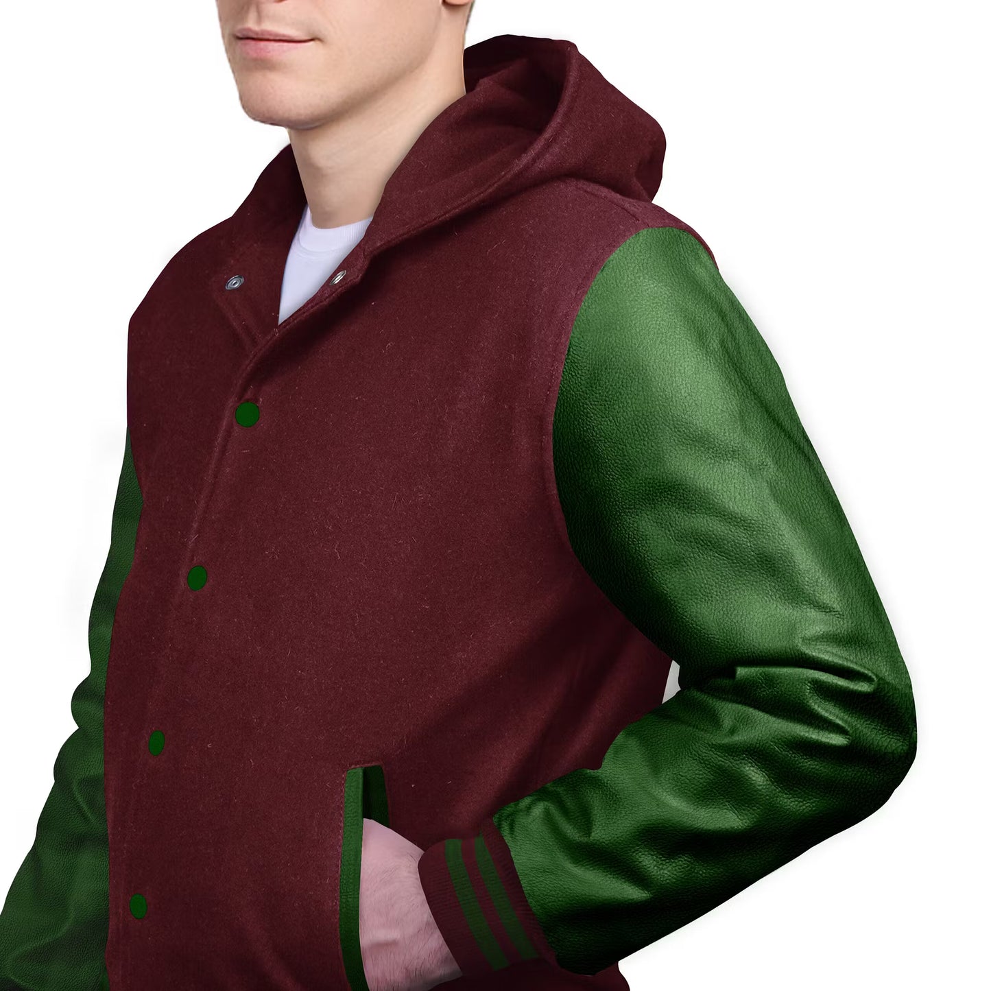 Forest Green-Leather Sleeves & Wool Body (Hoodie)