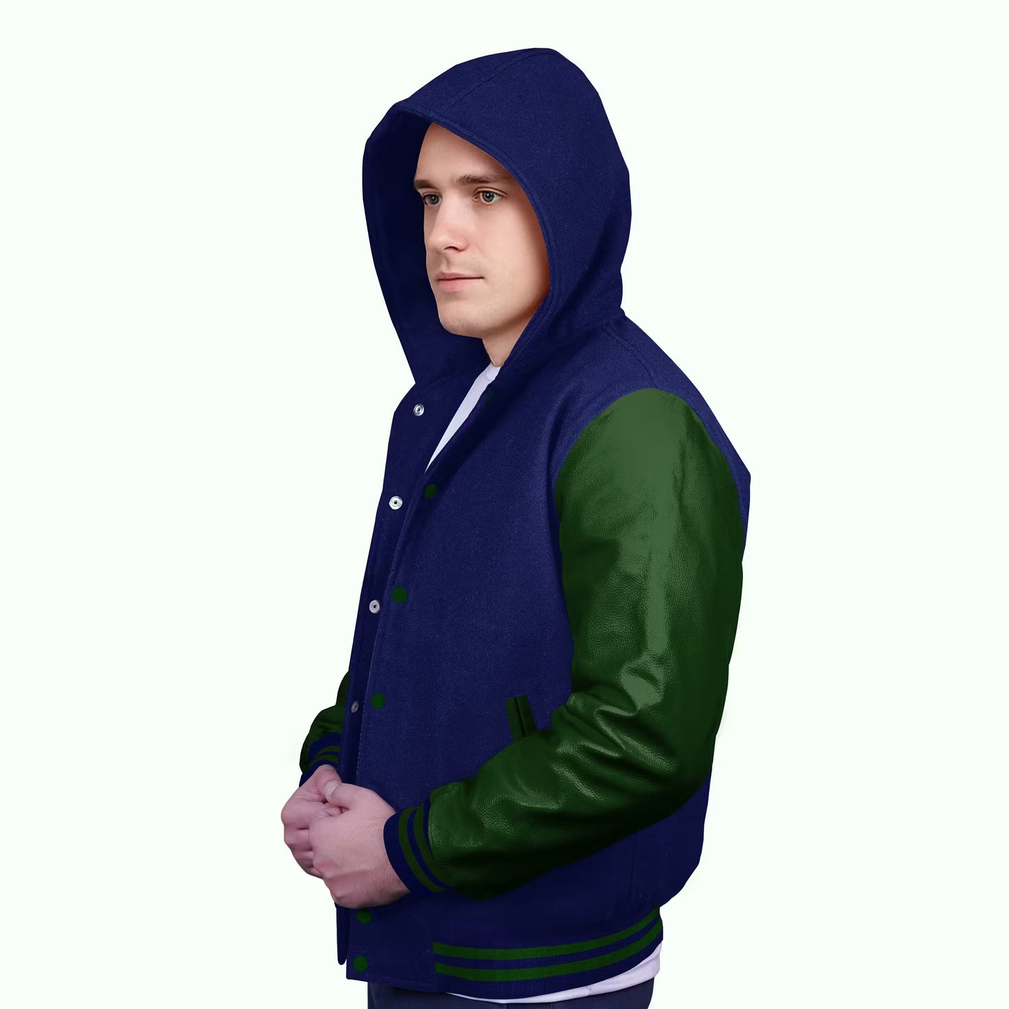 Forest Green-Leather Sleeves & Wool Body (Hoodie)