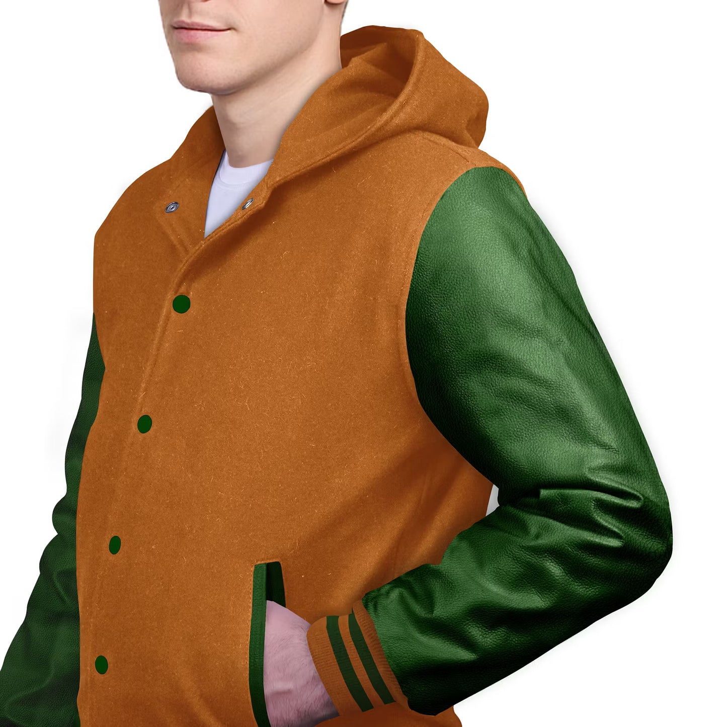 Forest Green-Leather Sleeves & Wool Body (Hoodie)