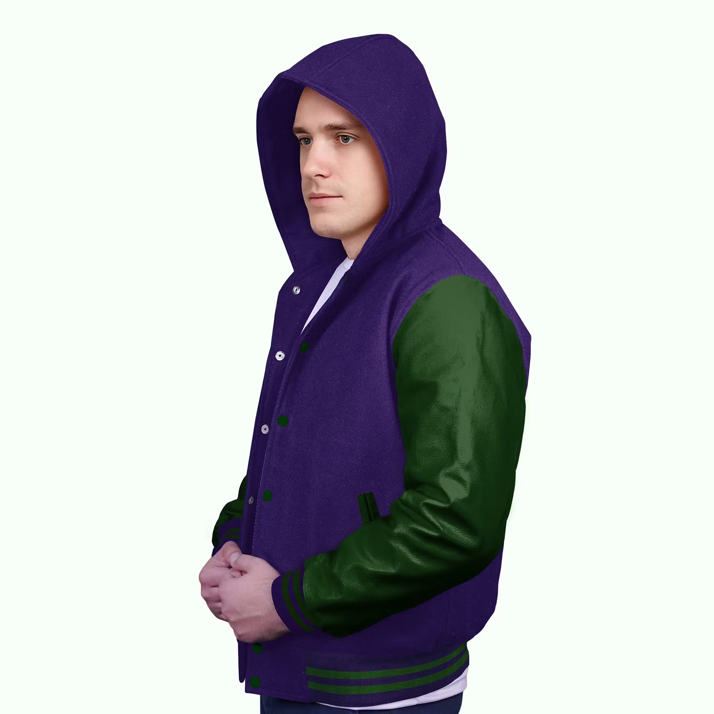Forest Green-Leather Sleeves & Wool Body (Hoodie)