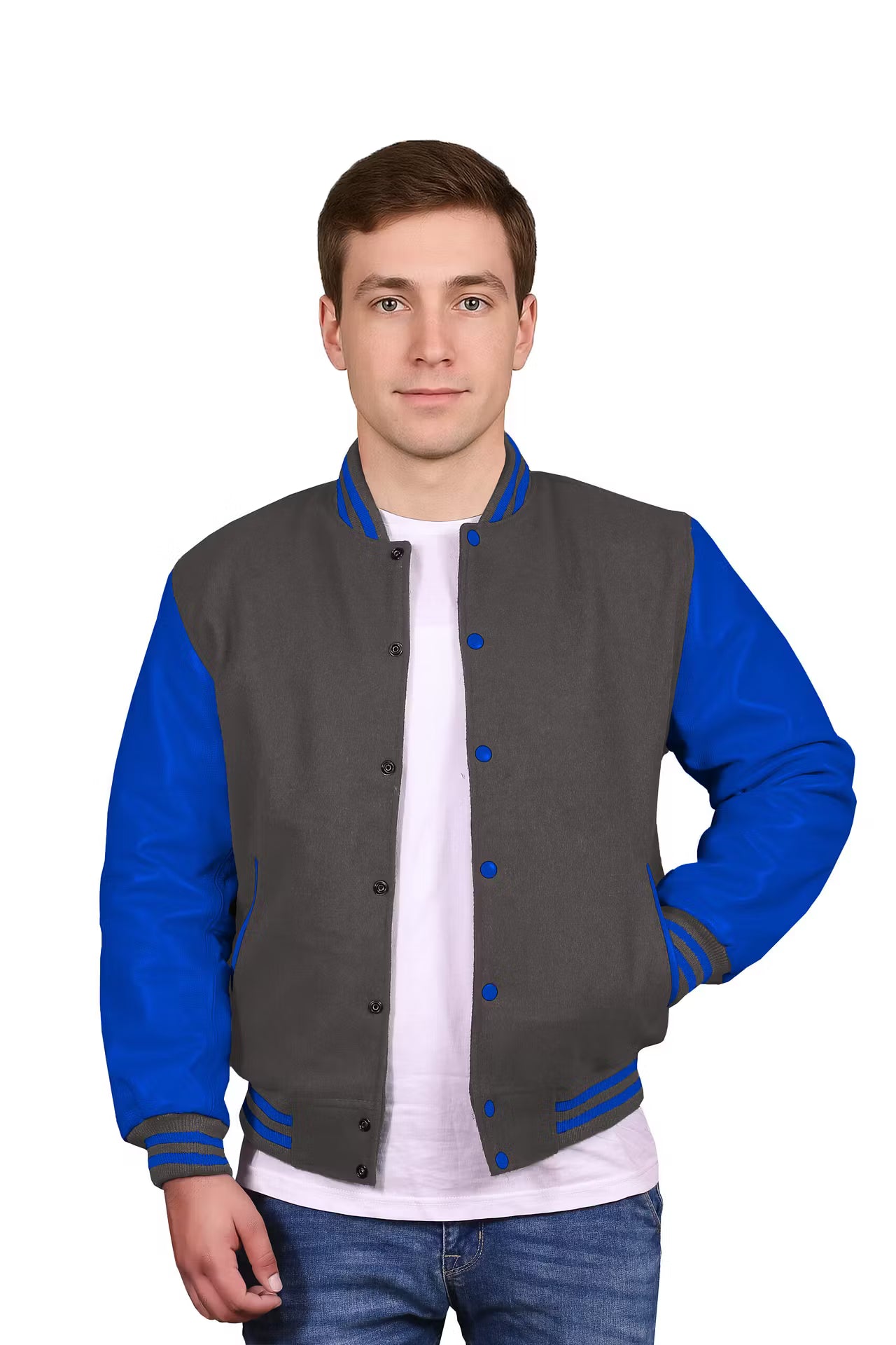 Royal Blue-Leather Sleeves & Wool Body