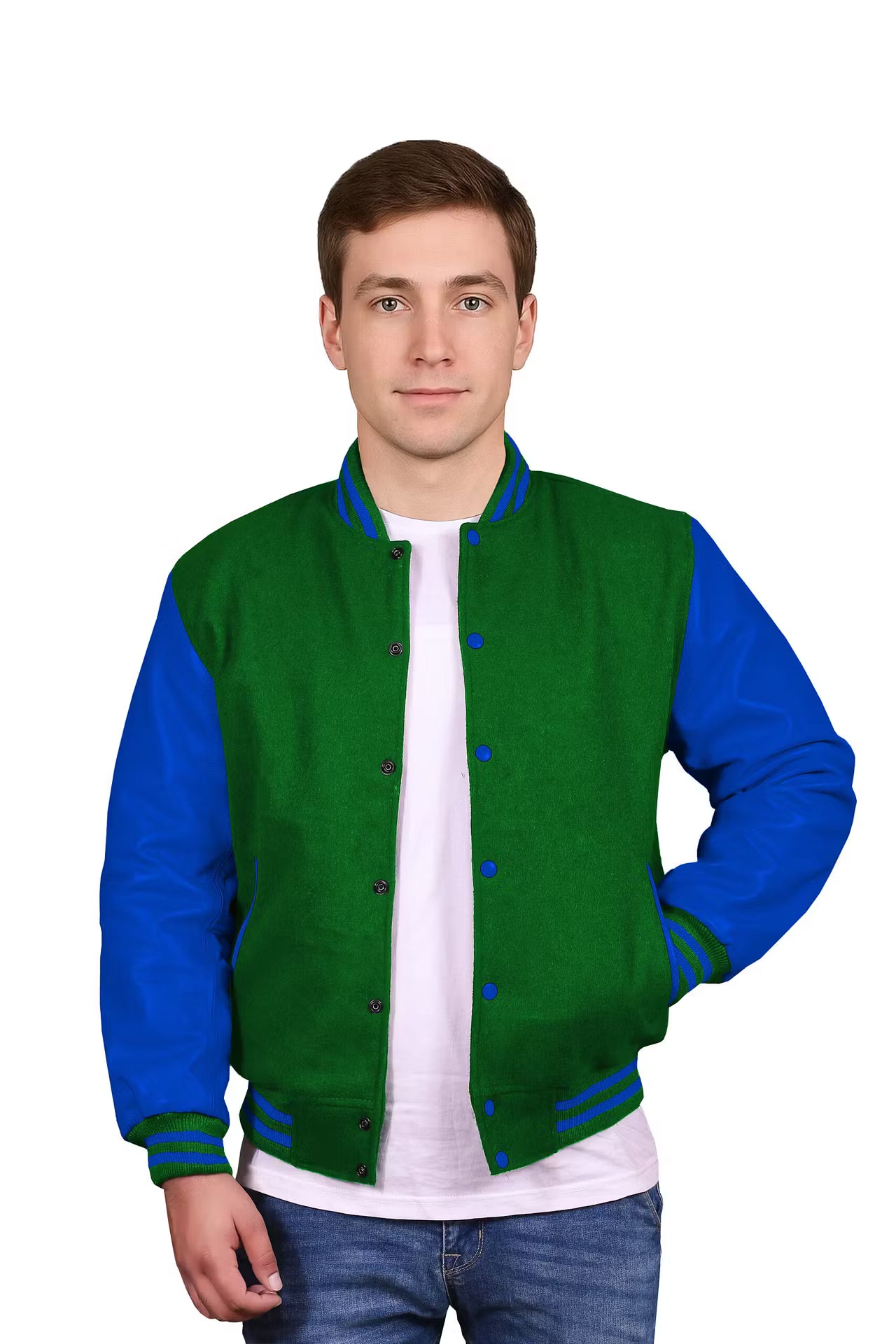 Royal Blue-Leather Sleeves & Wool Body