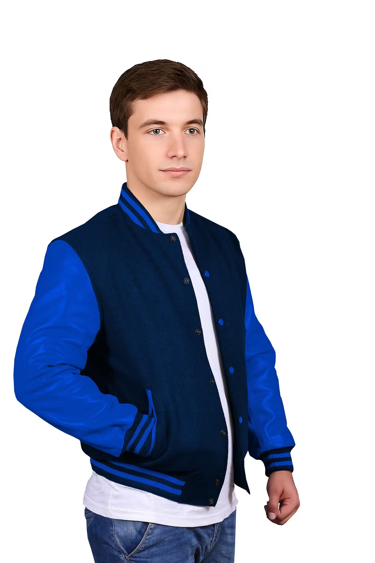 Royal Blue-Leather Sleeves & Wool Body