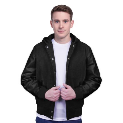 Black-Leather Sleeves & Wool Body (Hoodie)